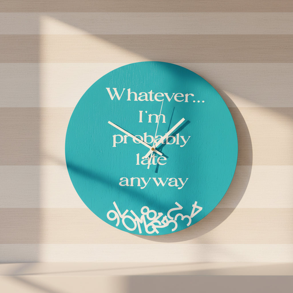 Blue wall clock with humorous text on a white background