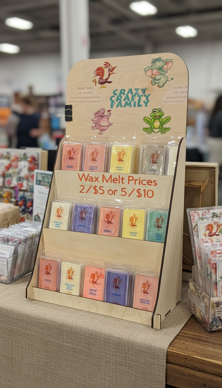 Display of Crazy Family wax melts with price information on a store shelf.